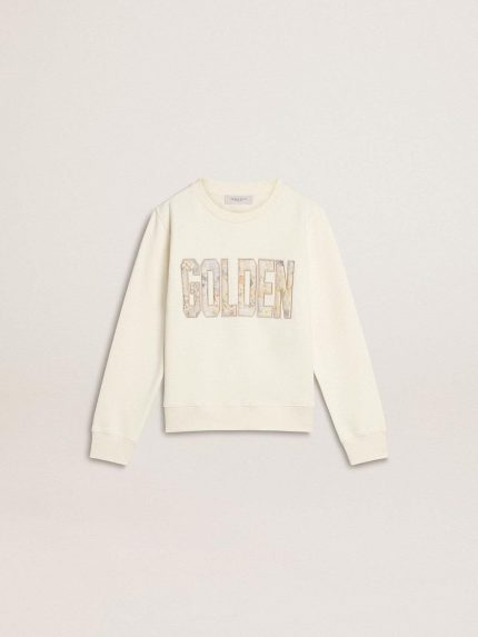 Girls' white sweatshirt with multicolor Golden writing on the front
