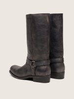 Women's high Biker boots in black leather with strap and silver-colored buckle - Image 4