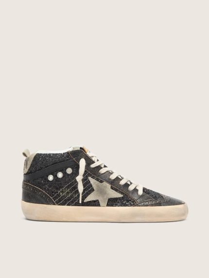 Women's Mid Star in black glitter with dove-gray suede star and heel tab