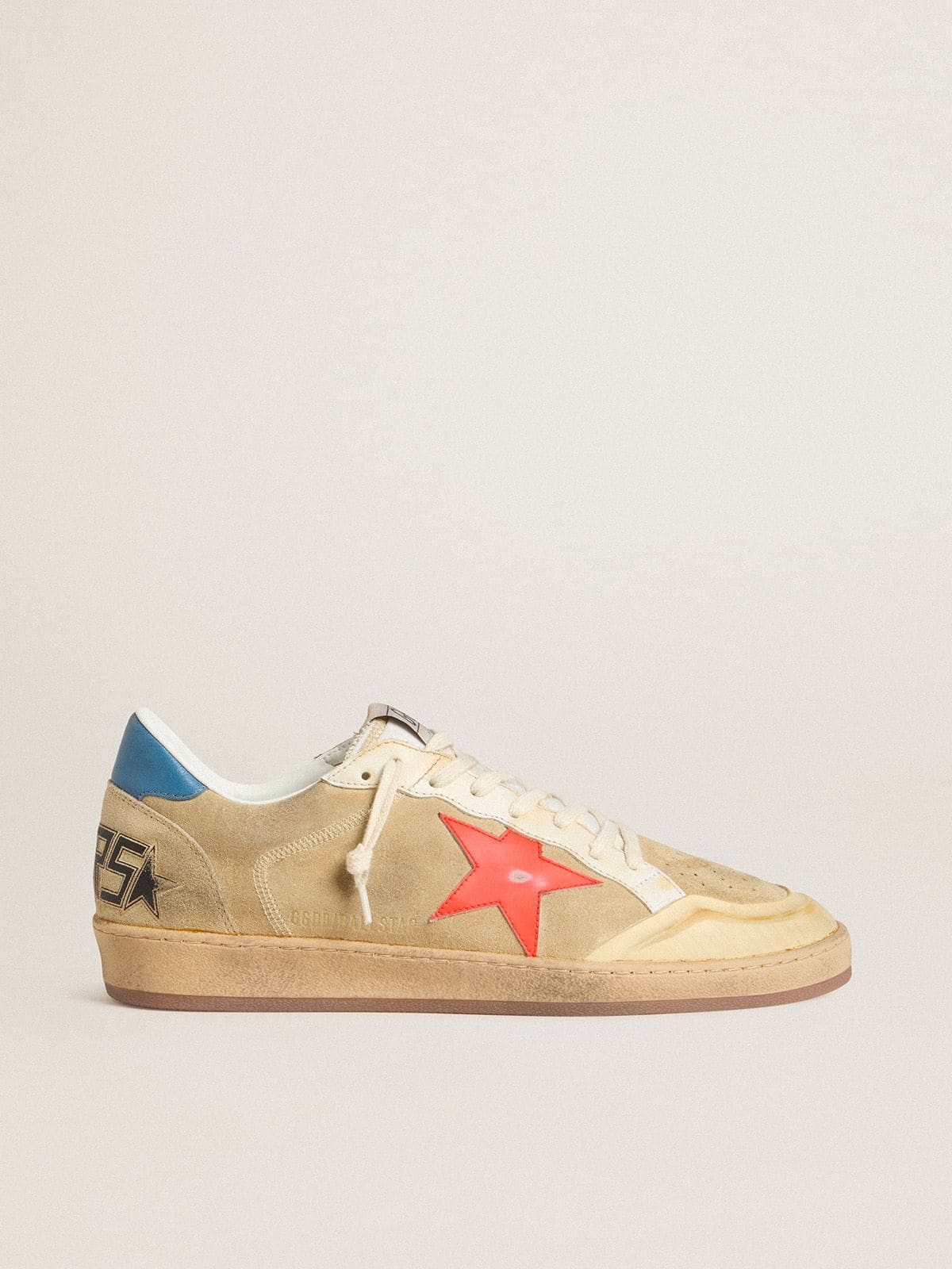 5c3448254de9ae7d56eabb845dd139854b67b4ad17b7f3a5f0f3b753e00b3097 Men's Ball Star in beige suede with coral leather star and blue nappa heel tab - Image 1