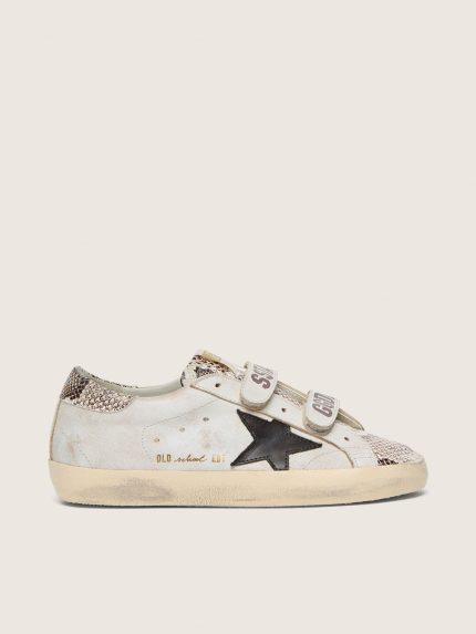 Women's Old School in white leather with black leather star and snake-print inserts