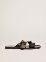Women's Margaret flat sandals in black resin-coated leather
