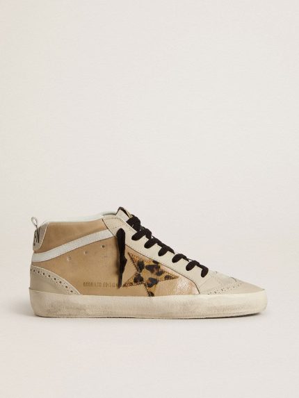 Women's Mid Star in beige naplak leather with leopard-print pony skin star