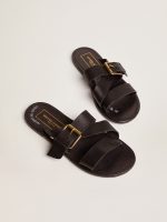 Women's Margaret flat sandals in black resin-coated leather - Image 2