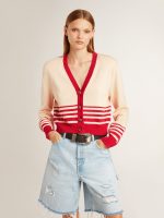 Women's cardigan in cream with red stripes - Image 2