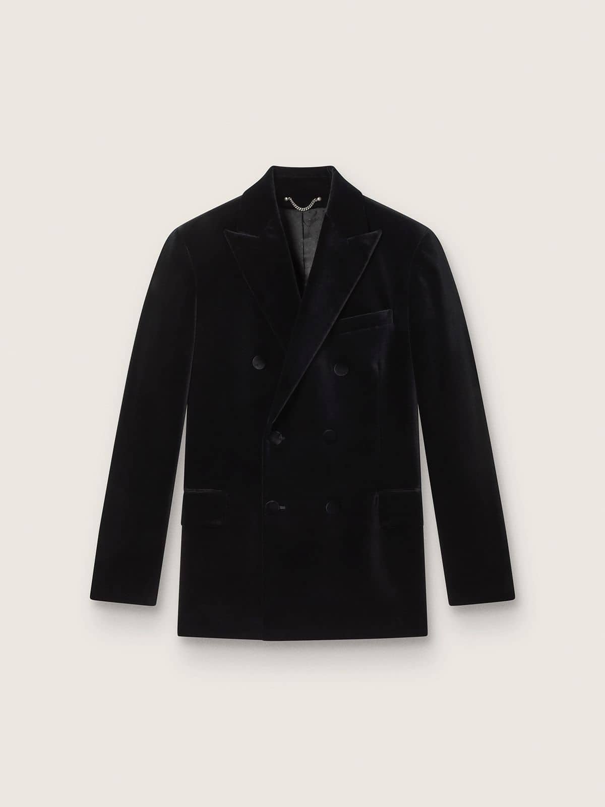 5e15ce74439ef890f18789f0cebb371972cb4f178b2ee705de91e48281178ab5 Men's double-breasted blazer in black velvet with black satin lapels - Image 1