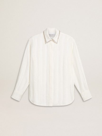 Women's shirt with a vertical striped pattern and crystal embroidery