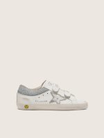 Young Old School in white leather with metallic silver leather star and silver crystal inserts