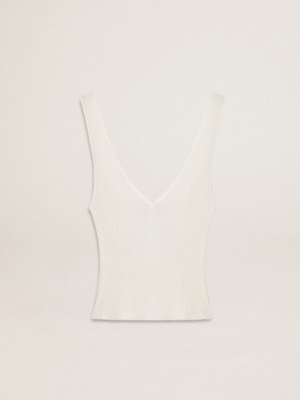 Sleeveless top embroidered with worn-white ribbing