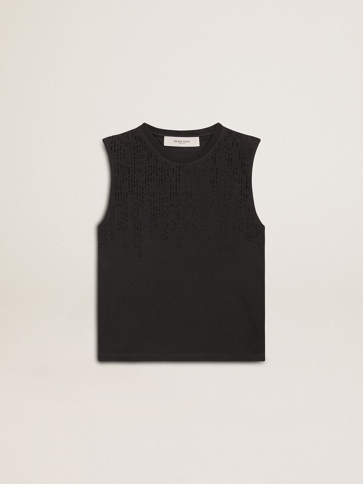 604daa7d63d120606585f4c665b370ec26c7a6da78bdc80d3d499e363d292585 Sleeveless T-shirt in worn-black with tone-on-tone gradient embroidery - Image 1