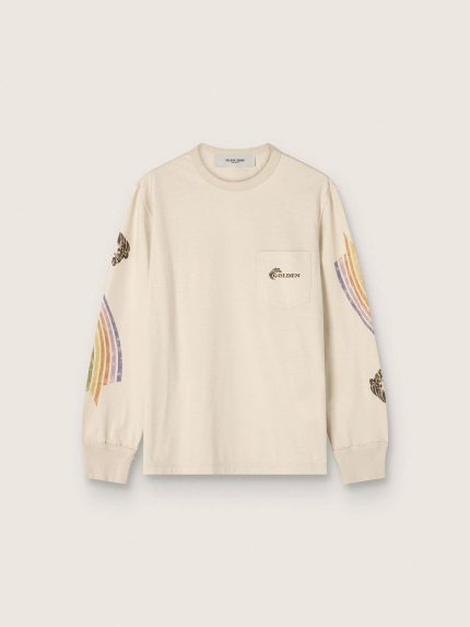 Unisex long-sleeved T-shirt in white cotton with multicolor print