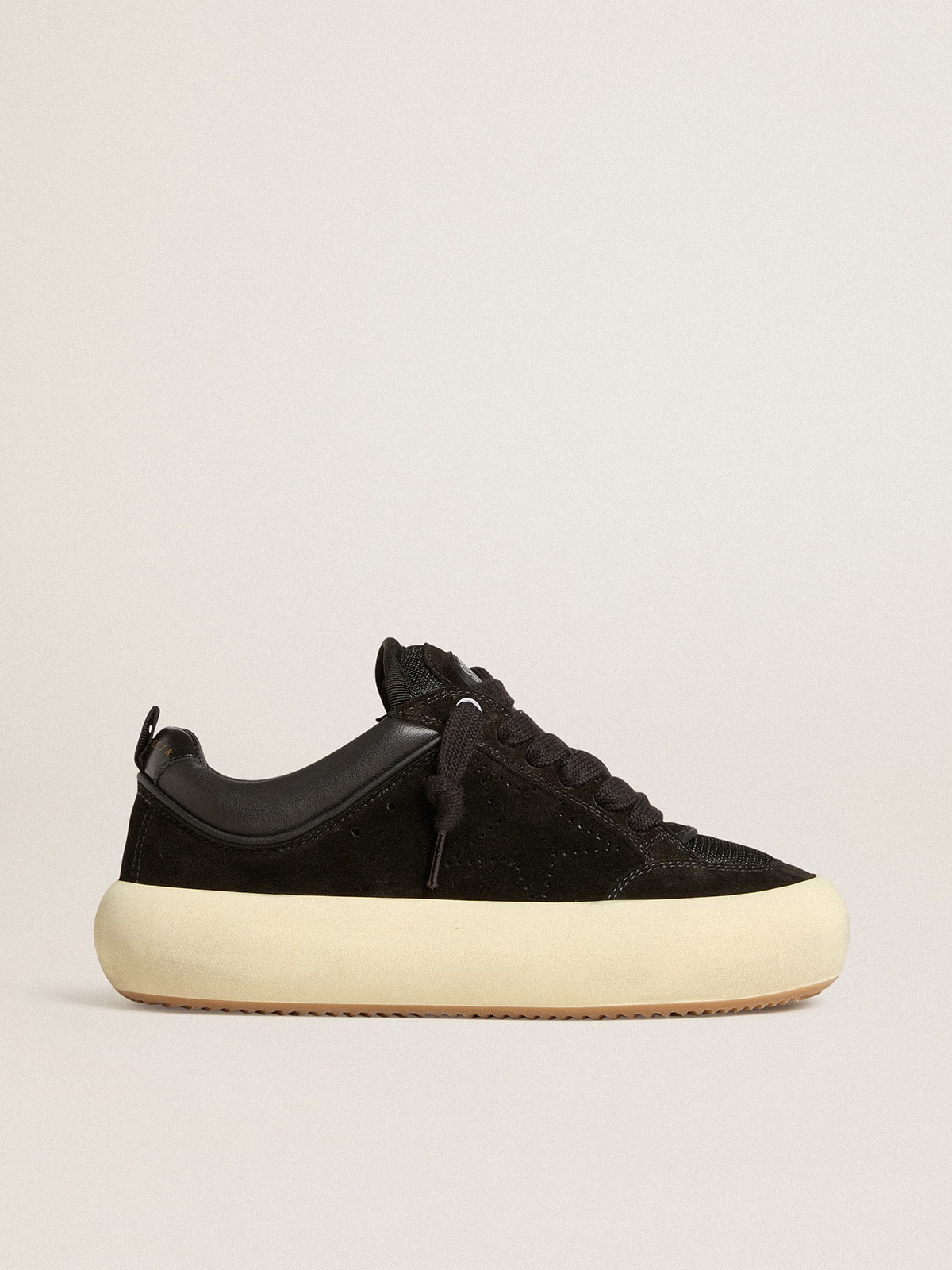 639cc4463eb1933fdcd6a74eabe4c6eccb8adcc856f348e6d34bdd5bfbadff41 Women's Space-Star Cube in black suede with perforated star - Image 1