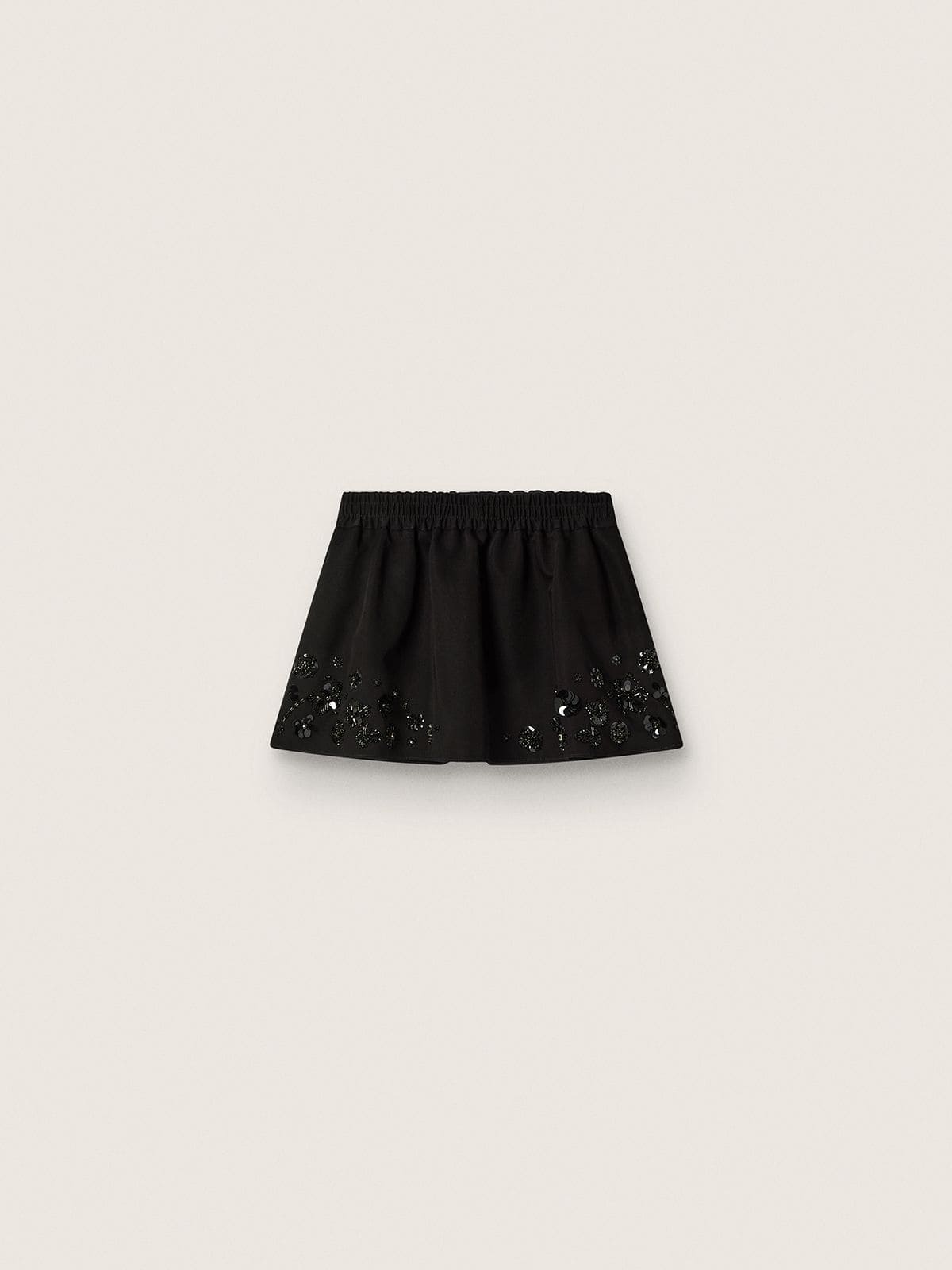 63b95a91919587686337d067238264ad824fb5e95335e454a6bf56712679939b Women's miniskirt in black cotton twill with floral sequin embroidery - Image 1