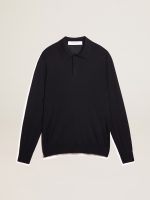 Men's long-sleeved polo shirt in navy-blue merino wool