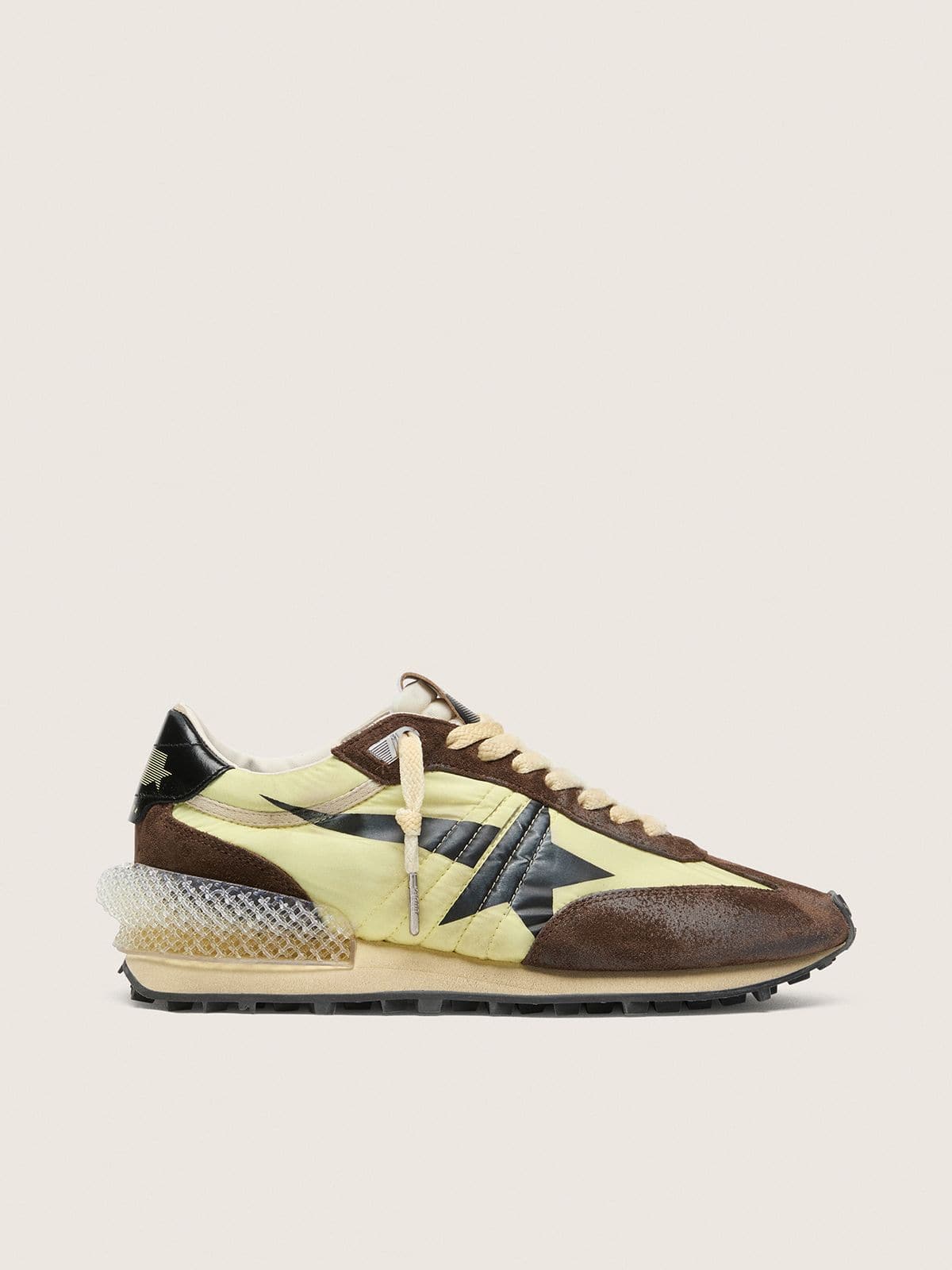 649e591027f8e808288155ecf3aa01eda1cb66c7e8d74fe4689437b66b02dc0a Women's Marathon in lime-green nylon with black star and brown suede inserts - Image 1