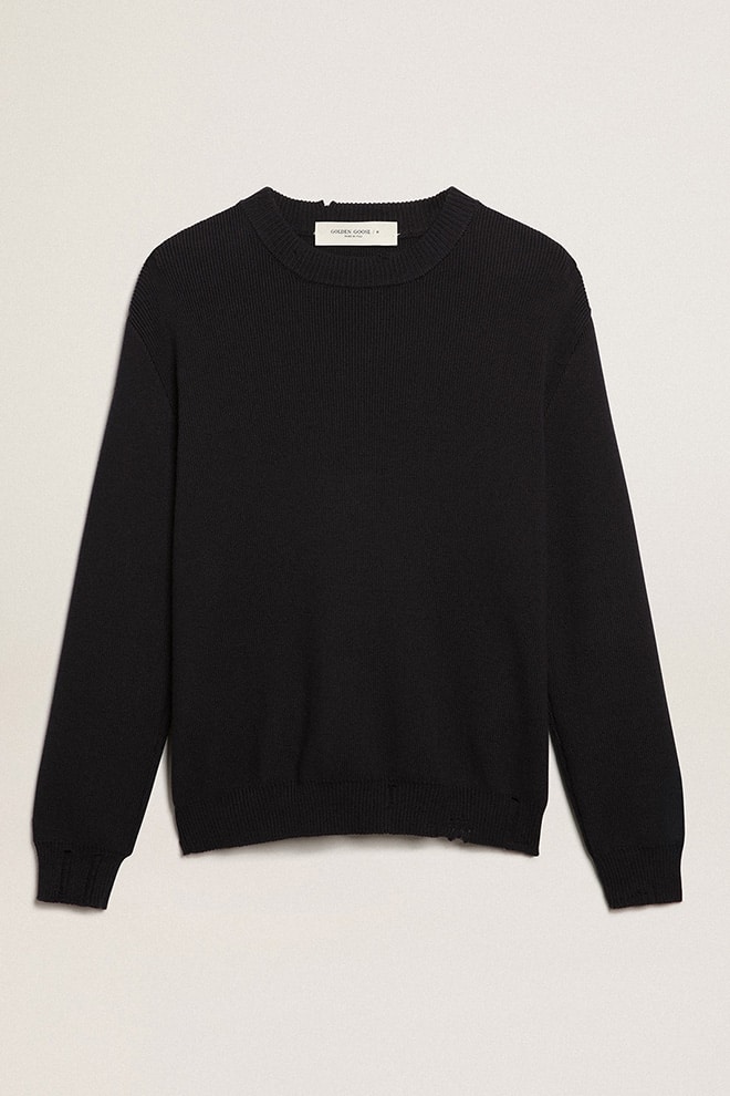 6515f144fee809603ca8b27126908143e3c80ed209f0091ef9ab048411ddf4d5 Men's round-neck sweater in dark blue cotton - Image 1