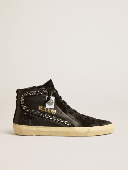 Slide in leather with black star and Swarovski crystal flash