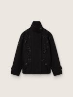Women's oversized jacket in black cotton twill with floral sequin embroidery