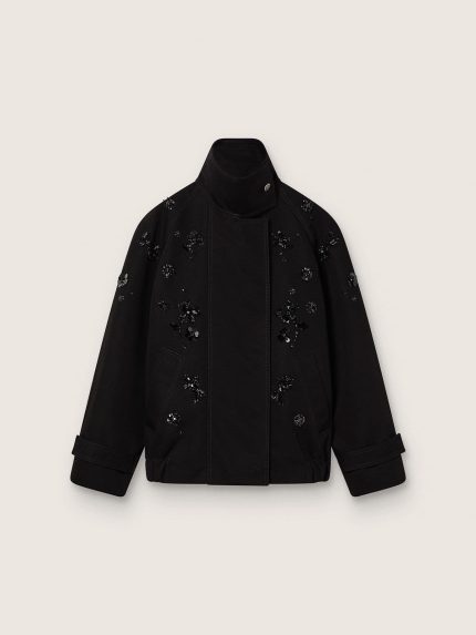 Women's oversized jacket in black cotton twill with floral sequin embroidery