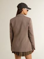 Women's double-breasted blazer in beige chevron wool blend - Image 4
