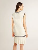 Women's worn-white cotton vest dress with dark blue ribbing and crystals - Image 4