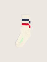 Vintage white socks with distressed details and two-tone stripes