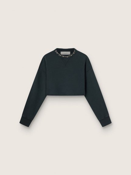 Women's cropped cotton sweatshirt with crystals on the front