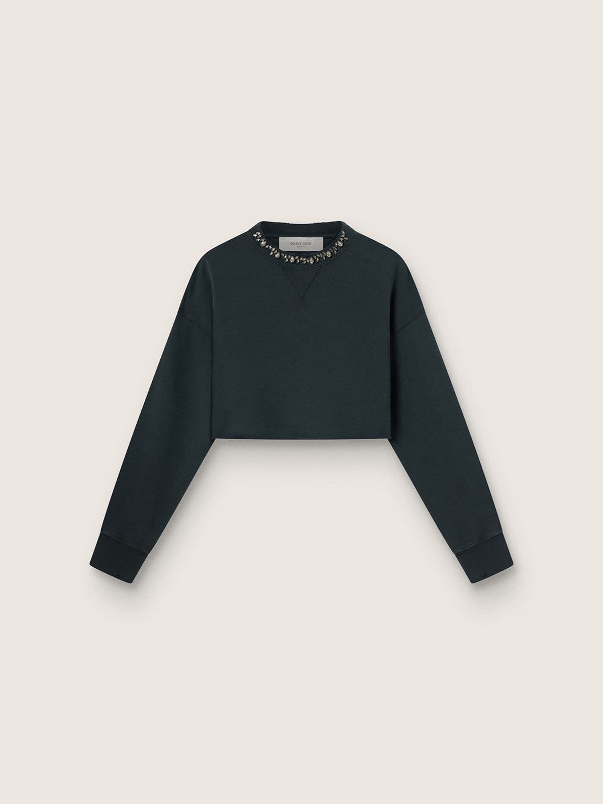 68fa5c8da56b0c2b51f4cf6a187e463276481c036c4c306445d401accd2a62fc Women's cropped cotton sweatshirt with crystals on the front - Image 1