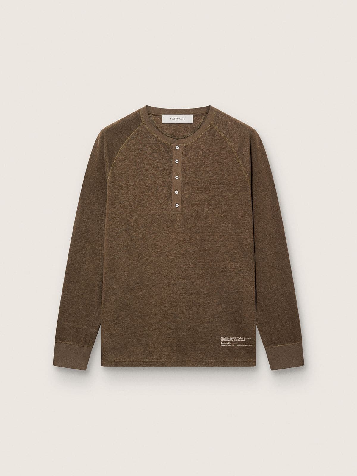 69f89a96e404fbb68c53039f520048ce076a8b72eac28817ea5f843c1adbb7fa Men's long-sleeved sweater in tortoiseshell-brown linen jersey - Image 1