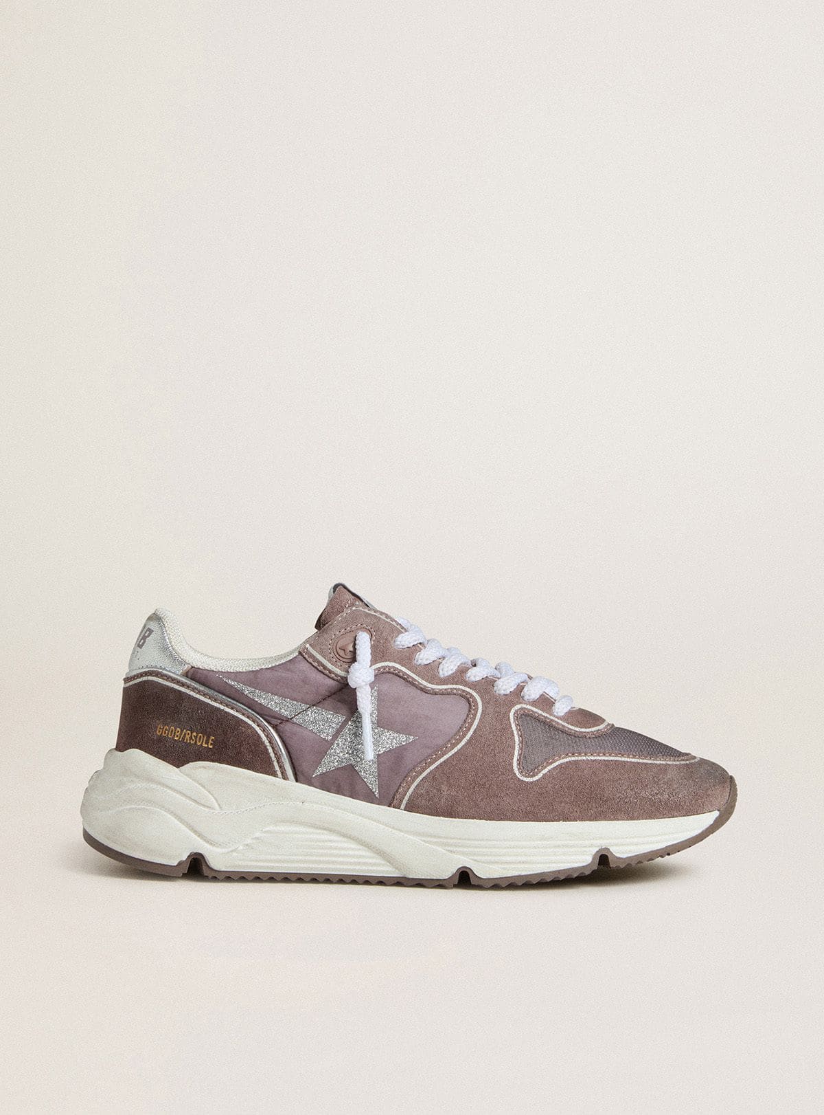 6a3651c2357f02d4ede136d266960ec275834b042d3634bf8f237814f075a4bd Women's Running Sole in lavender nylon and suede with printed star and silver leather heel tab - Image 1