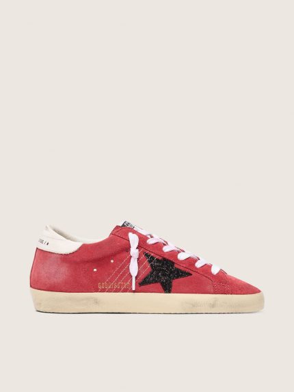 Women's Super-Star in red suede with glitter star and white heel tab