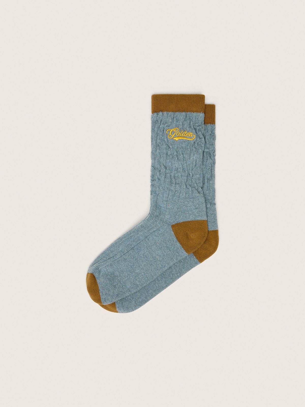 6ae0a780f4e661419c296d2b2d5fa1e999b4d26913845e16abf63719436d5b59 Light blue ribbed socks with brown details and yellow logo - Image 1