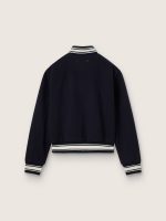 Women's bomber jacket in dark blue wool with white details - Image 2