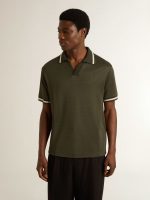 Men's military-green jersey polo with embroidery - Image 2