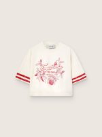 Women's cropped T-shirt in white cotton with print and embroidery
