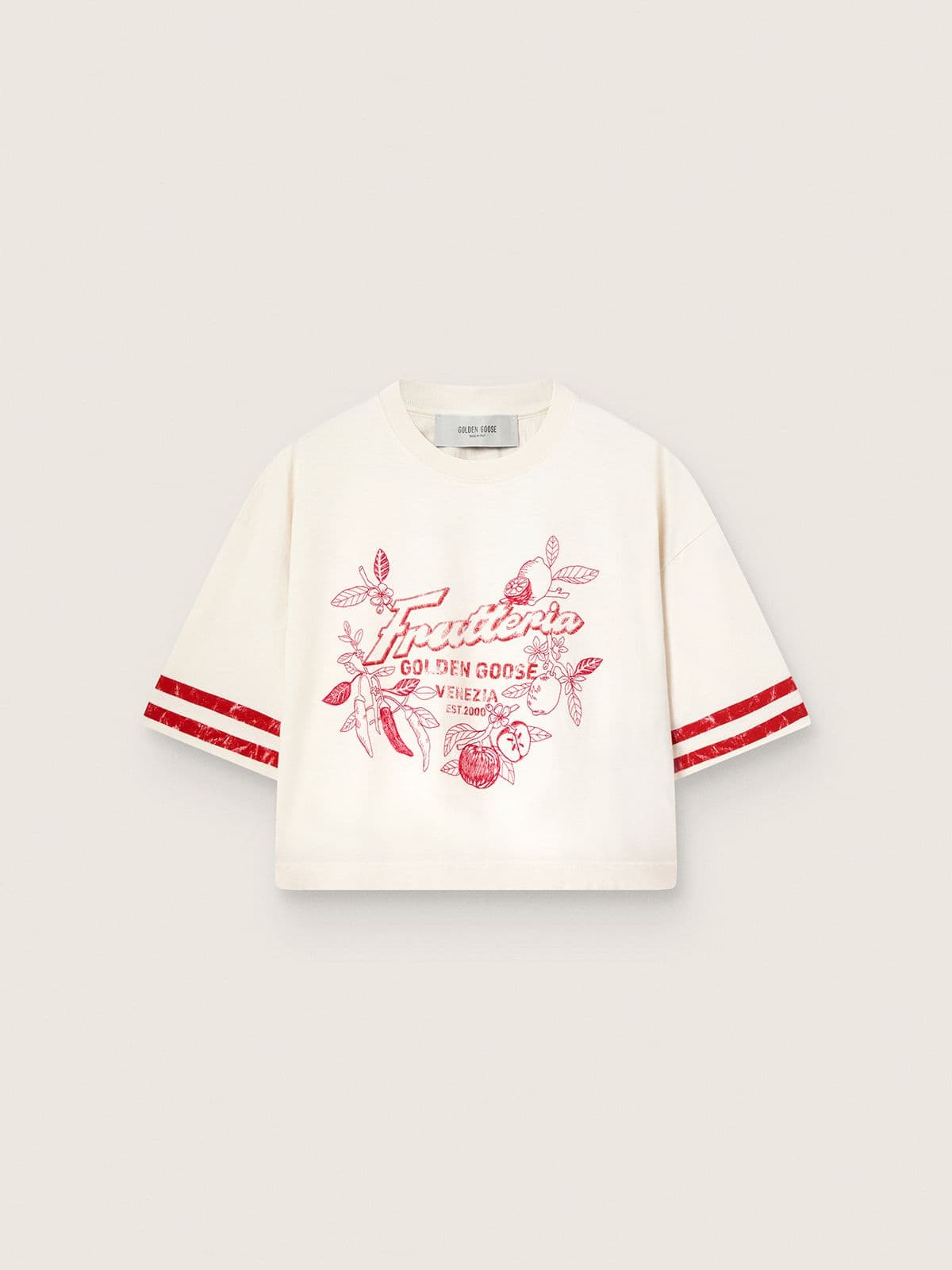 6e53fb4d0f3aa887ba8da604146ff3bdd56fcc8d681e9d66323923d7cdea230a Women's cropped T-shirt in white cotton with print and embroidery - Image 1