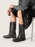 Women's high Biker boots in black leather with strap and silver-colored buckle - Image 3