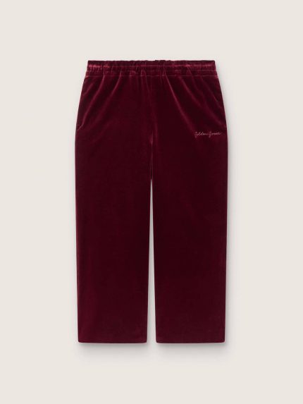 Girls' burgundy velvet-effect pants with rear pocket