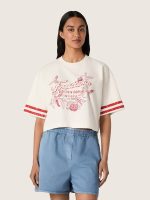 Women's cropped T-shirt in white cotton with print and embroidery - Image 5