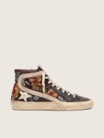 Women's Slide in ebony leather with cream star and multicolor embroidery