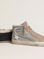 Men's Slide in light blue canvas with silver metallic leather flash - Image 3