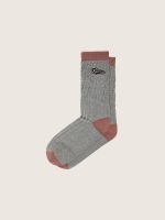 Gray melange ribbed socks with brick-red details and brown embroidered logo