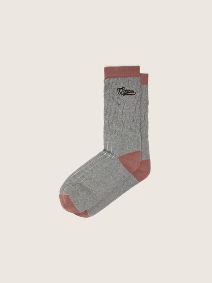 Gray melange ribbed socks with brick-red details and brown embroidered logo