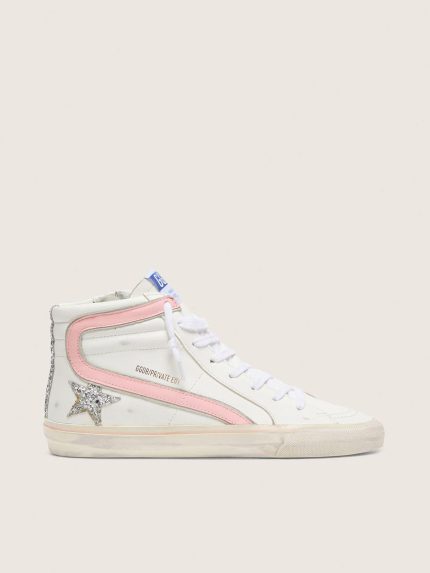Women's Slide in white leather with silver glitter star and pink leather flash