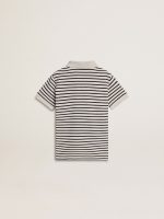 Boys' white cotton polo with navy blue stripes and embroidery - Image 6