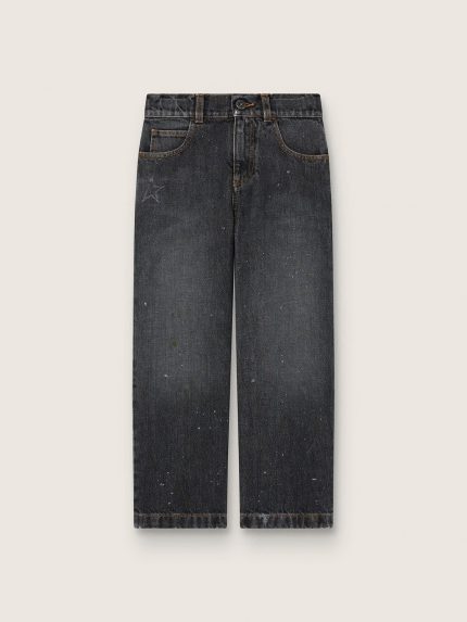 Boys' straight-leg jeans in gray cotton with spotted effect