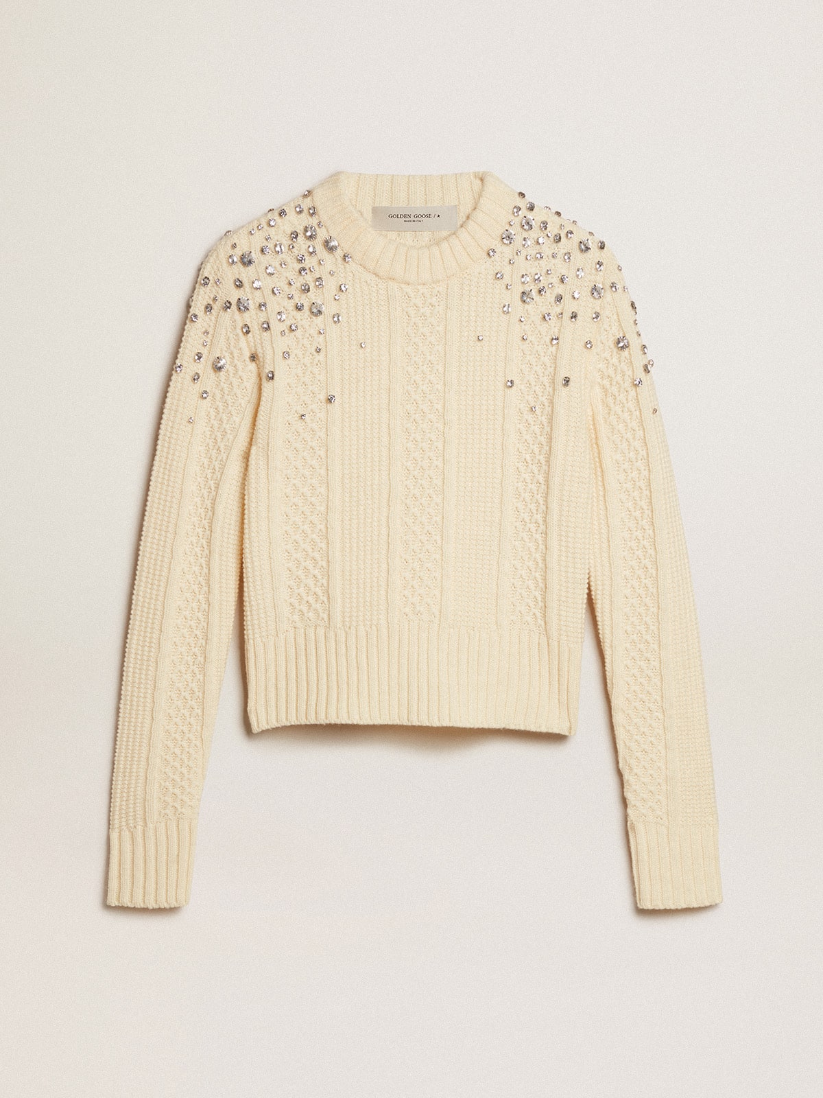 72dc06e009d5e56f2b5968410e9e375cac9111494ca81ccc1efb2a3f482eebfb Women's cropped worn-white sweater with decorative crystals - Image 1