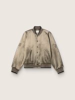 Unisex bomber jacket in green satin with ribbed hems and collar