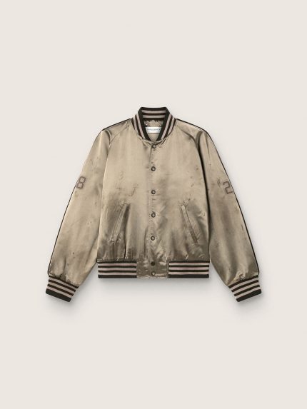 Unisex bomber jacket in green satin with ribbed hems and collar