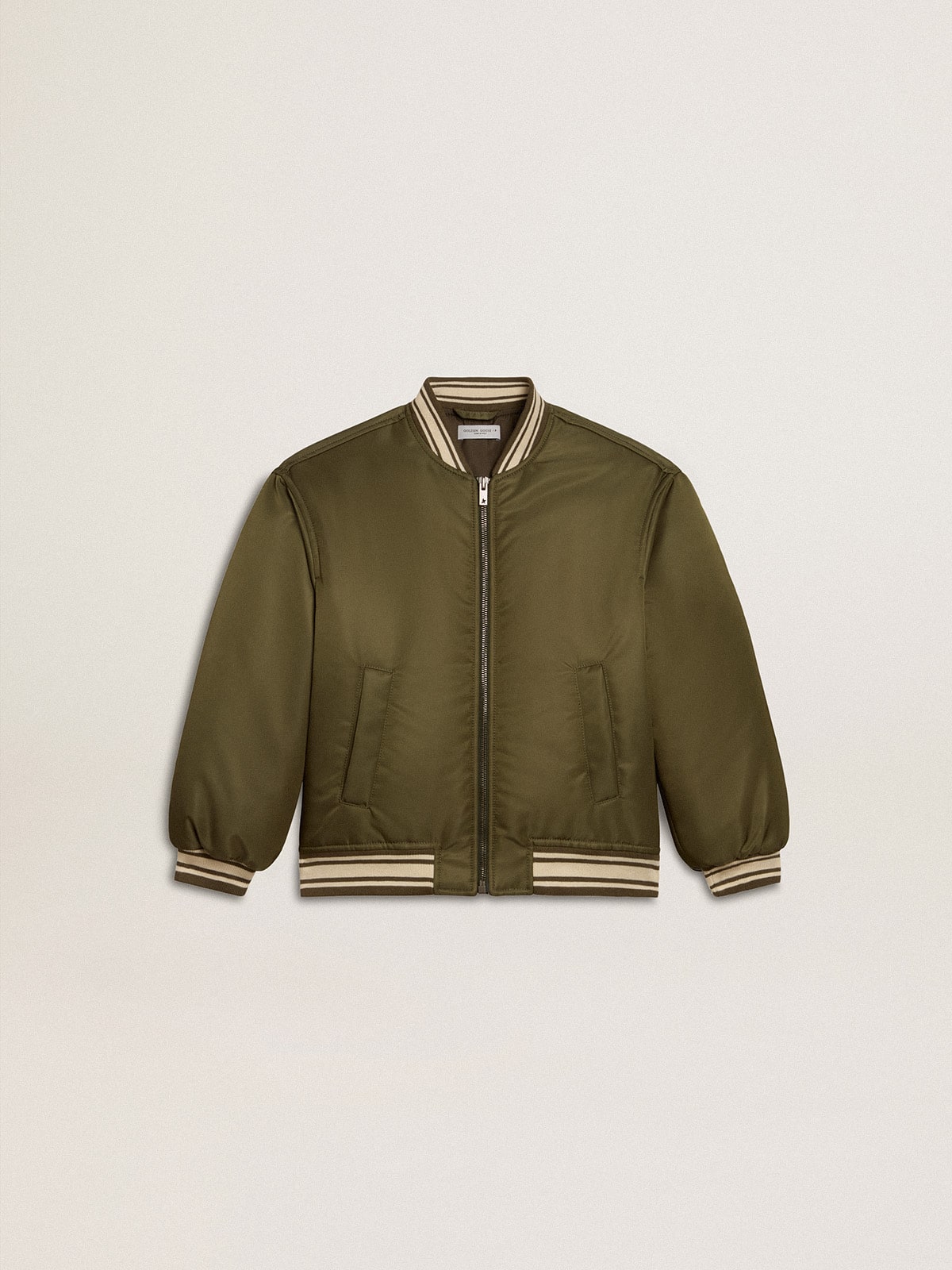 73a4f727f37ae1e0282b6505d92a733c1efafcfe8992650e788faf22659bcb4e Kids military-green nylon bomber jacket with lettering on the back - Image 1